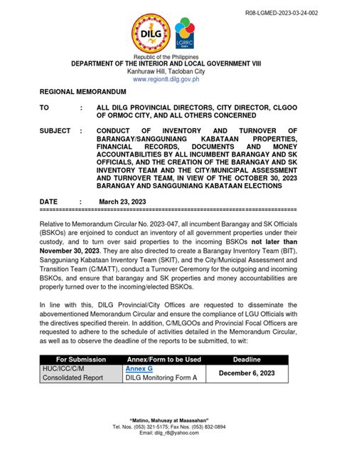 dilg memorandum circular 2023-047|Conduct of Inventory and Turnover of Barangay/Sangguniang .